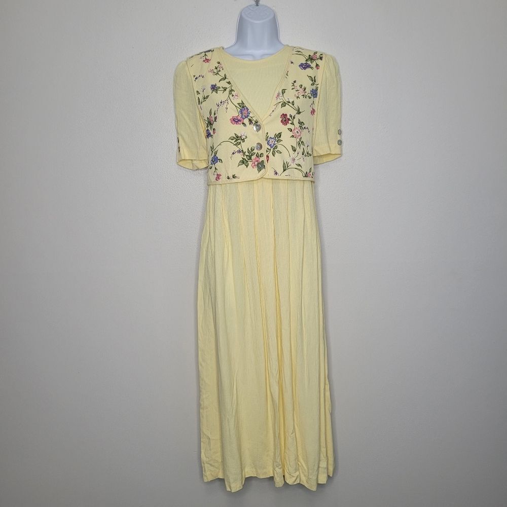 Vintage butter yellow maxi flower embroidery attached vest dress size 8p